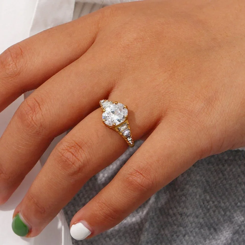 Luxury Crystal Zircon Adjustable 18K Gold Plated Stainless‎ Steel Ring